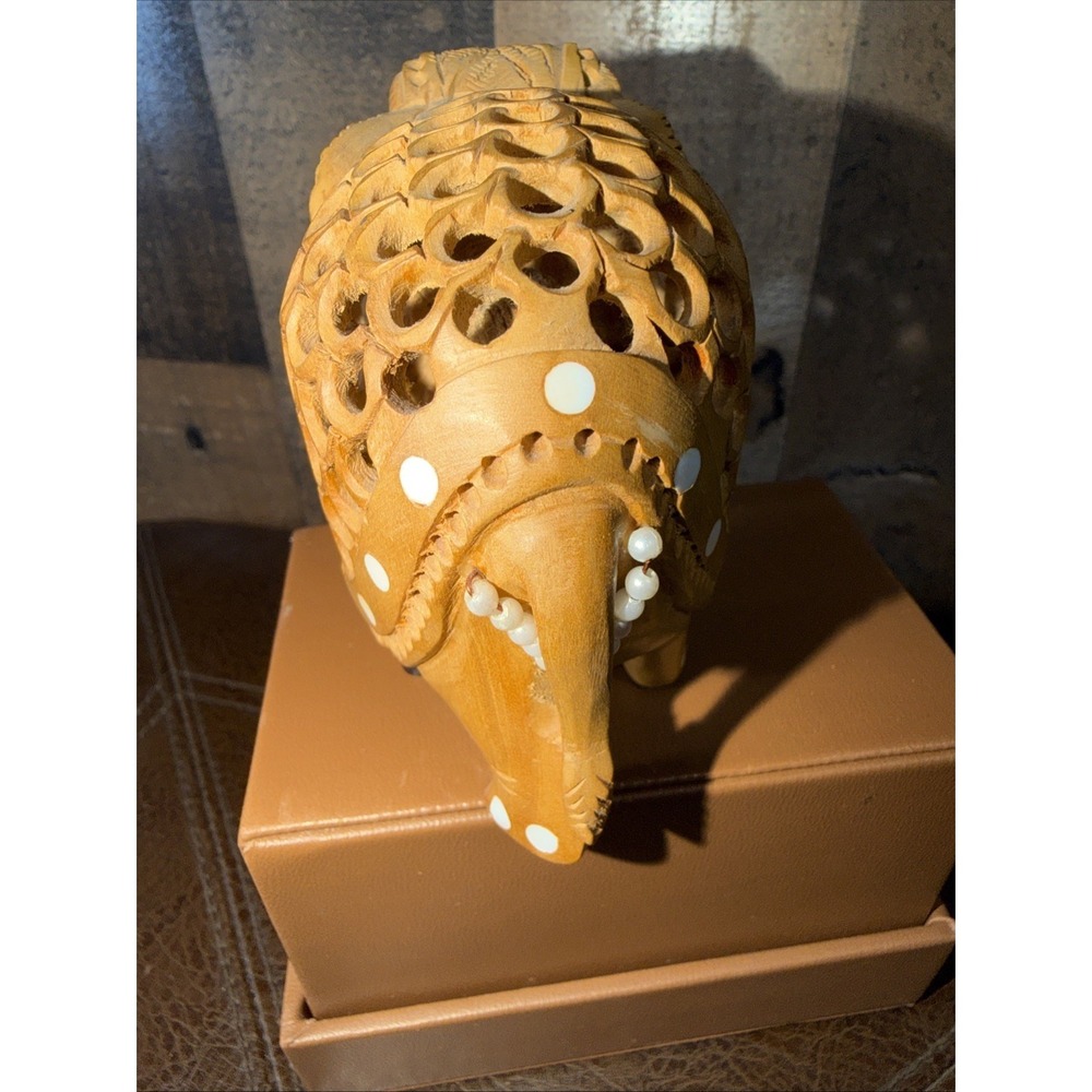 Hand Carved Wooden Pregnant Elephant Jali Undercut Lattice Figurine India Art - Picture 6 of 14
